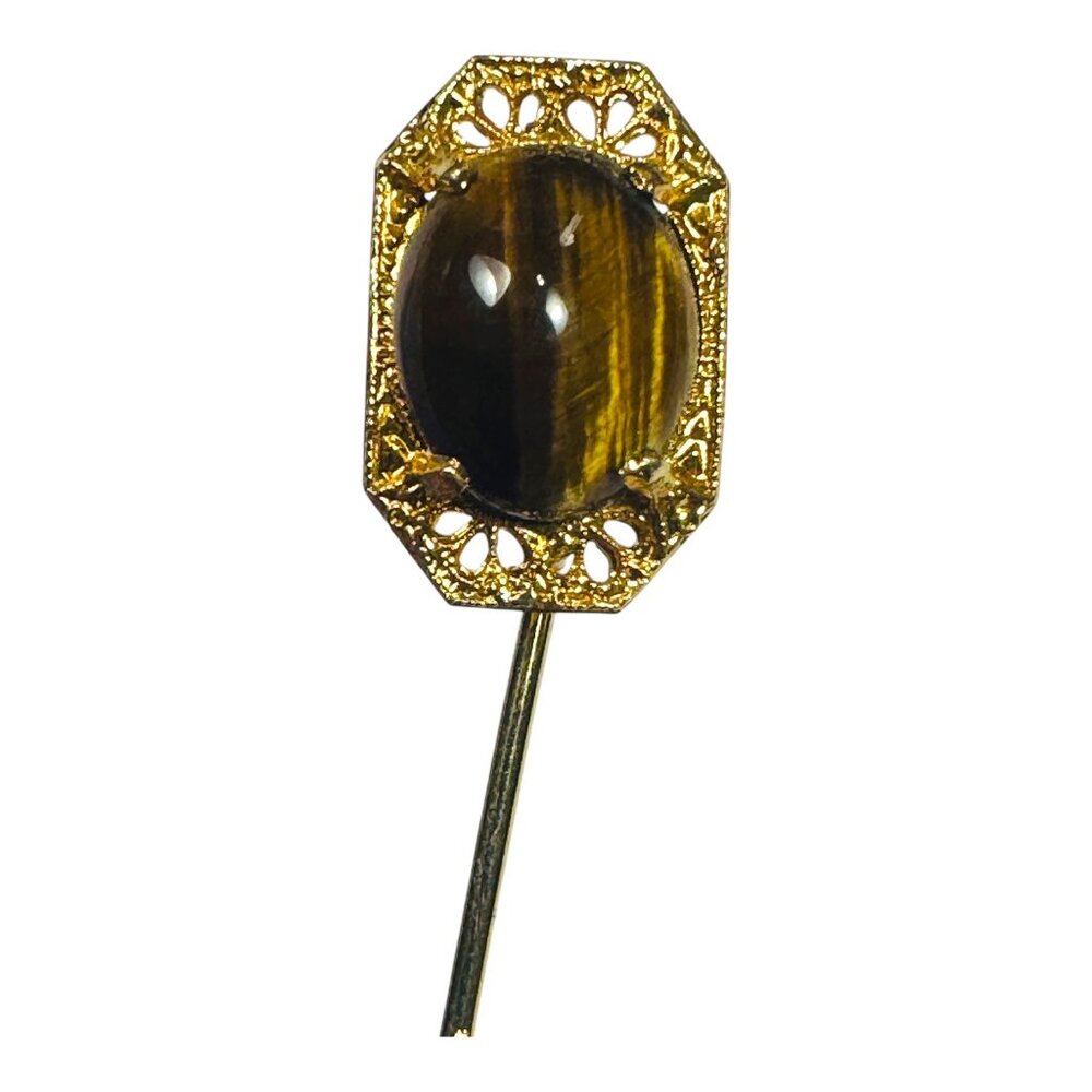 Vintage Gold Stick Pin With Tigers Eye Stone Gemstone Accent - Picture 8 of 8